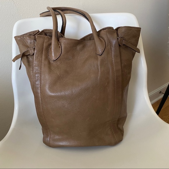 Handbags - Genuine Leather Taupe Expandable Tote
